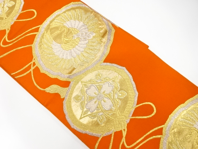 JAPANESE KIMONO / ANTIQUE FUKURO OBI / SILK / WOVEN CRANE & FLOWER